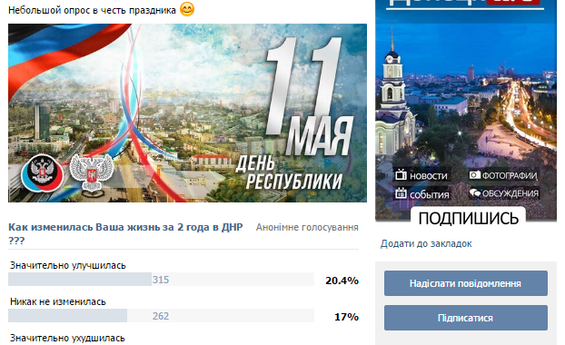 У пабліку Донецька 43% людей вважають, що в «ДНР» їх життя погіршилося У пабліку Донецька 43% людей вважають, що в «ДНР» їх життя погіршилося