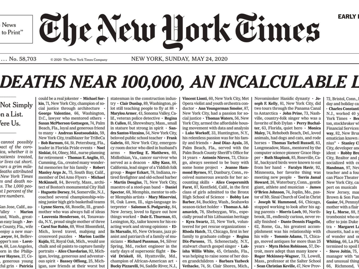 На першій шпальті The New York Times — список тисячі імен померлих у США через COVID-19