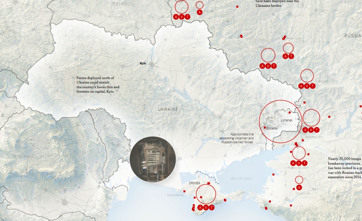 NYT опублікувало нову мапу з приблизним розташуванням російських військ біля кордонів України